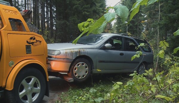 Ciężarówka porzucona w lesie i BMW na ogrodzeniu